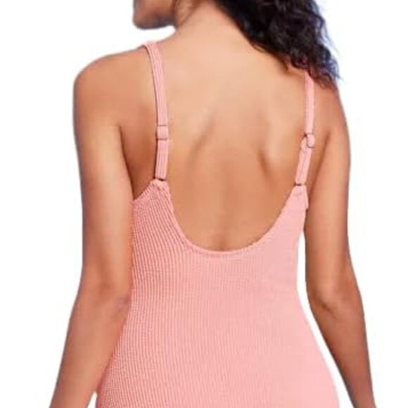 Kona Sol Pucker Textured Square Neck One Piece Swimsuit Coral Pink M, L - Picture 4 of 11